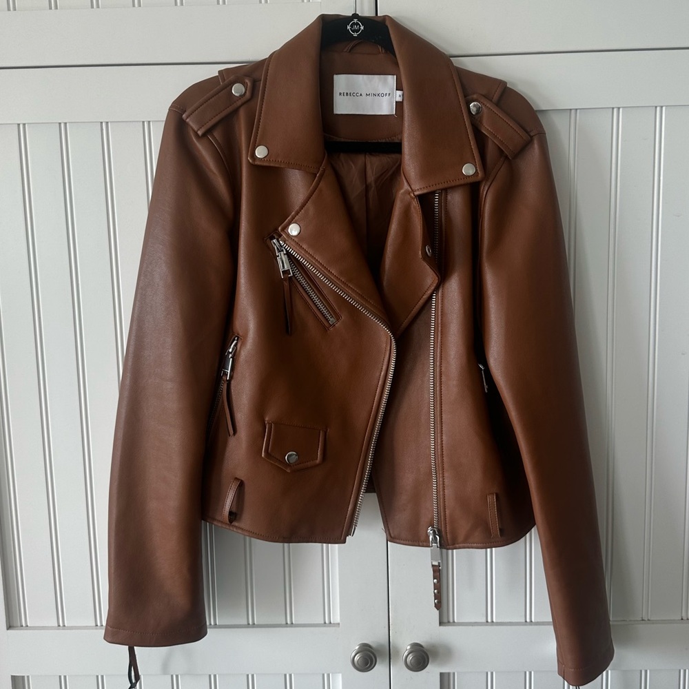 Rebecca Minkoff Cognac Faux Leather Moto Jacket size M